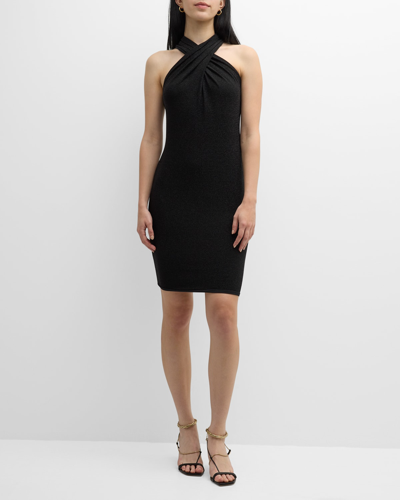 Shop Pamella Roland Crossover Halter Metallic Jersey Mini Dress In Black