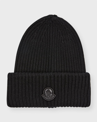 Shop Moncler Wool Knit Beanie With Logo Patch In Black