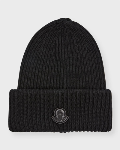 Moncler Wool Knit Beanie With Logo Patch In Black
