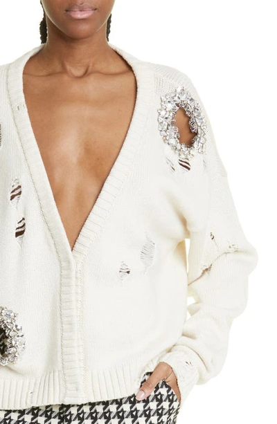 Shop Area Distressed Crystal Cotton & Cashmere Cardigan In Ivory