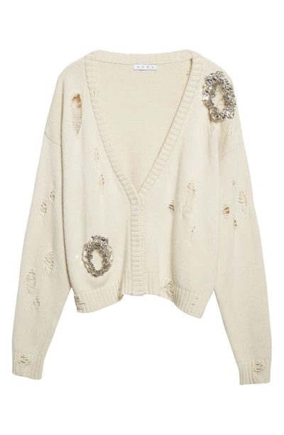 Shop Area Distressed Crystal Cotton & Cashmere Cardigan In Ivory