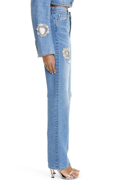 Shop Area Distressed Crystal Detail Jeans In Light Indigo