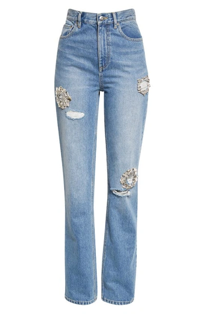Shop Area Distressed Crystal Detail Jeans In Light Indigo