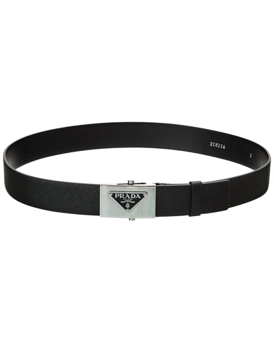 Shop Prada Triangle Logo Saffiano Leather Belt In Black