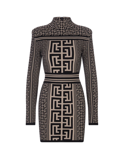 Shop Balmain High Neck Knitted Short Dress With Monogram In Black