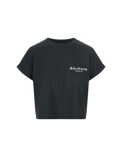 Shop Balmain Short T-shirt With Flocked Logo In Green