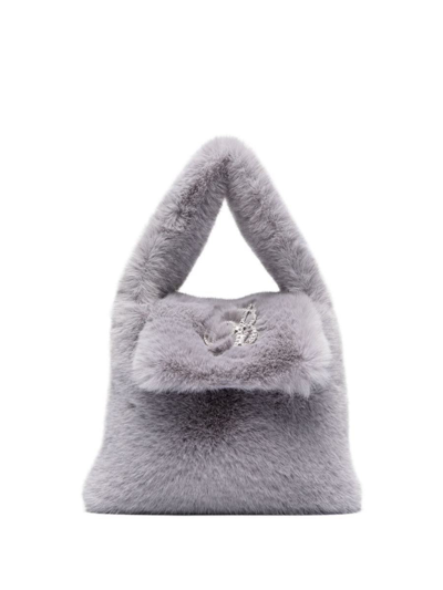 Shop Blumarine Faux Fur Mini Bag With Flap And Logo In Grey