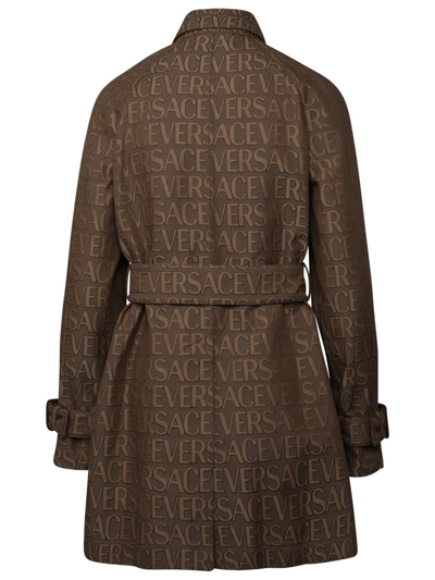 Shop Versace Brown Cotton Blend Trench Coat In Beige