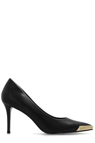 Shop Versace Jeans Couture Logo Engraved Pointed Toe Pumps In Black