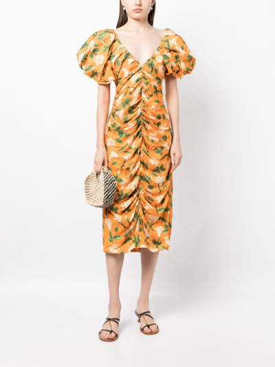 Shop Agua By Agua Bendita Camelia Floral-print Midi Dress In Orange