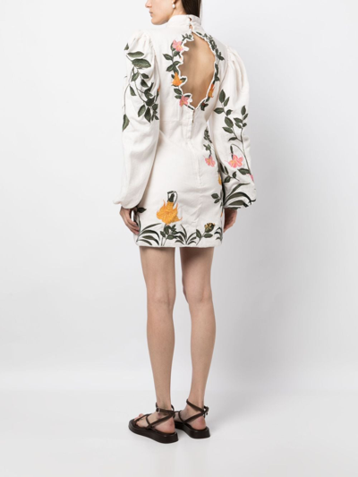 Shop Agua By Agua Bendita Guaba Ranas Floral-embroidered Minidress In Neutrals