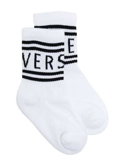Shop Versace Logo-print Ribbed Socks In White