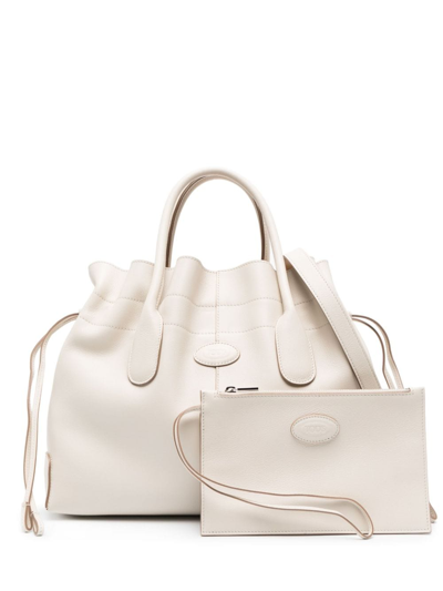Shop Tod's Drawstring Leather Tote Bag In Neutrals