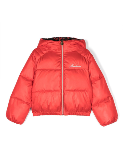 Shop Moschino Embroidered-logo Puffer Jacket In Red