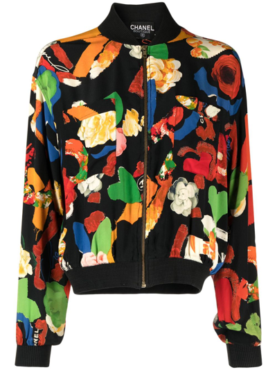 Pre-owned Chanel 1990-2000s Floral-print Bomber Jacket In Black