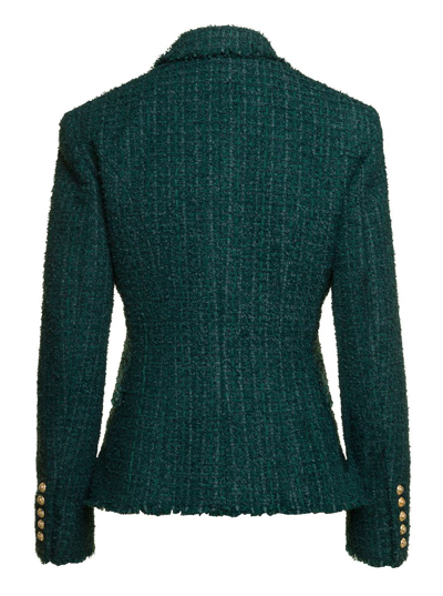 Balmain Tweed Double-breasted Blazer Jacket In Green
