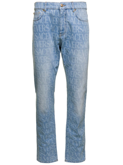 Shop Versace Light Blue Jeans With All-over  Print And Golden Hardware In Cotton Denim Man