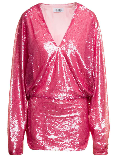 Shop Attico 'gael' Mini Pink Dress With Long Sleeves And All-over Paillettes Embroidery In Fabric Woman