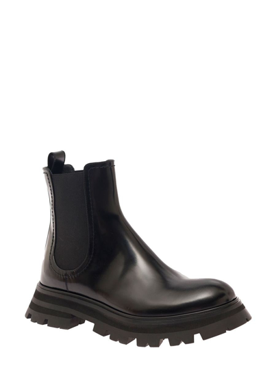 Shop Alexander Mcqueen Black Chelsea Boots With Elastic Inserts In Smooth Leather Woman