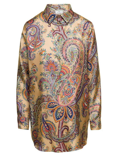Shop Etro Beige Blouse With All-over Paisley Motif And Button Fatening In Silk Woman