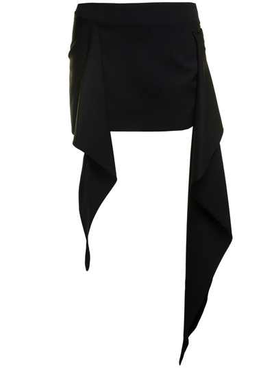 Shop Attico 'riley' Black Mini Skirt With Drape Detail And Logo In Wool Stretch Woman