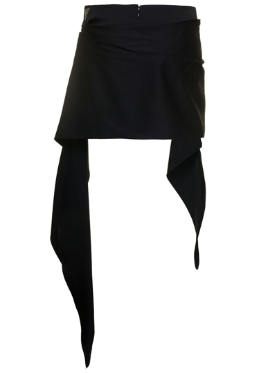 Shop Attico 'riley' Black Mini Skirt With Drape Detail And Logo In Wool Stretch Woman