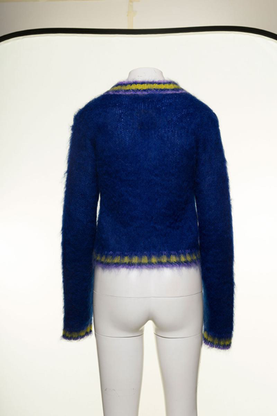 Shop Marni Blue Cropped College Style Sweater With Striped Detail In Mohair Woman