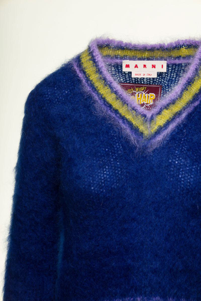 Shop Marni Blue Cropped College Style Sweater With Striped Detail In Mohair Woman