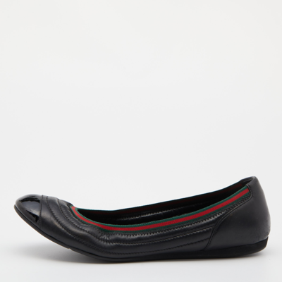 Pre-owned Gucci Black Leather Web Ballet Flats Size 40