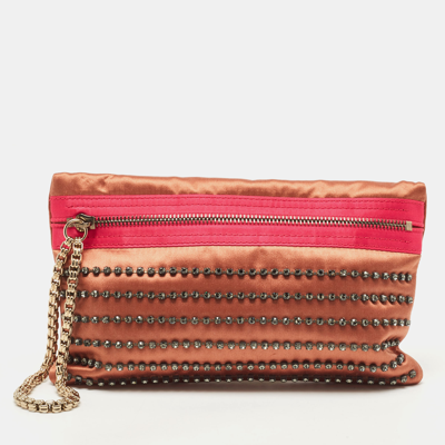 Pre-owned Lanvin Brown/pink Satin Crystal Embellished Chain Clutch
