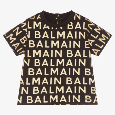 Shop Balmain Black & Metallic Gold Cotton Baby T-shirt