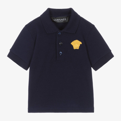 Shop Versace Boys Navy Blue Medusa Cotton Polo Shirt