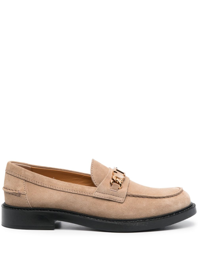 Shop Tod's Logo-plaque Leather Loafers In Neutrals