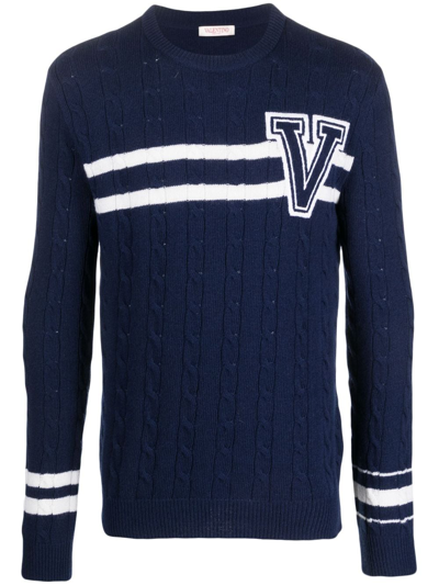 Shop Valentino Embroidered-logo Striped Wool Jumper In Blau