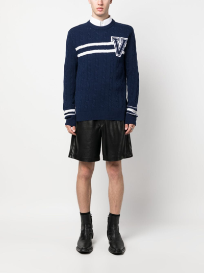 Shop Valentino Embroidered-logo Striped Wool Jumper In Blau