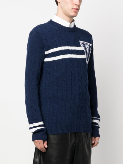 Shop Valentino Embroidered-logo Striped Wool Jumper In Blau
