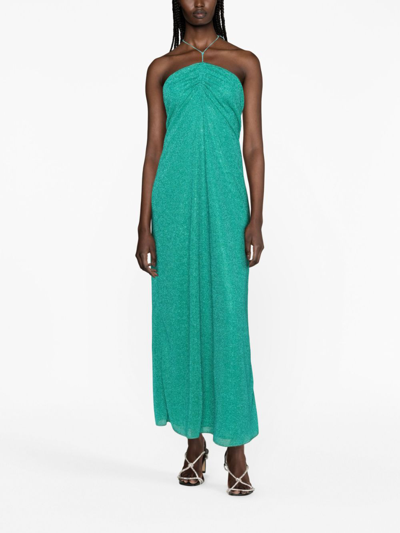 Shop Oseree Metallic-thread Halterneck Dress In Green