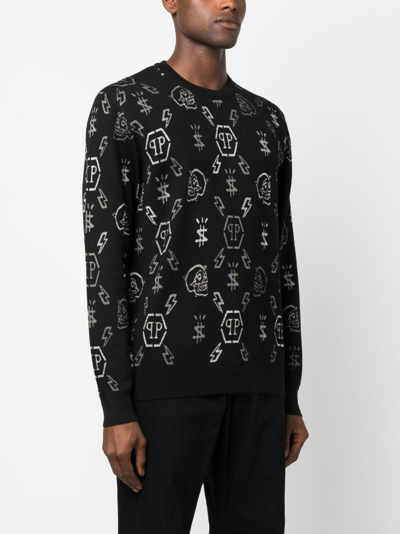 Philipp Plein Ls Jacquard Monogram Jumper In Schwarz