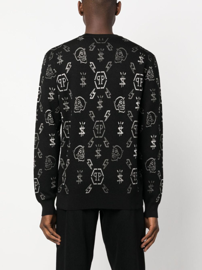 Philipp Plein Ls Jacquard Monogram Jumper In Schwarz