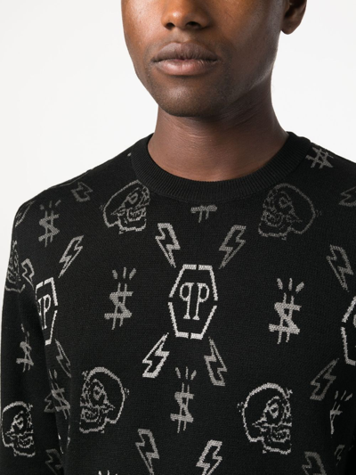 Philipp Plein Ls Jacquard Monogram Jumper In Schwarz
