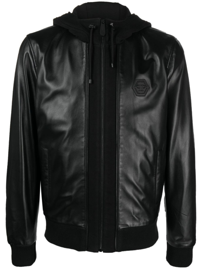 Shop Philipp Plein Leather Hooded Jacket In Schwarz