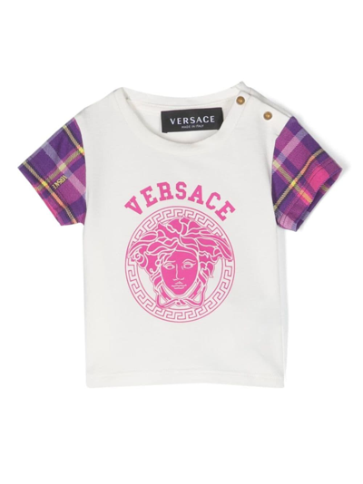 Shop Versace Medusa Tartan Cotton T-shirt In Weiss