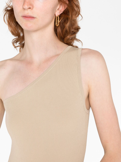 Shop Totême One-shoulder Ribbed-knit Dress In Braun