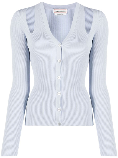 Shop Alexander Mcqueen Cut-out Ribbed-knit Cardigan In Blue