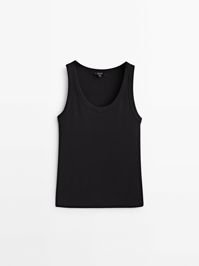 Shop Massimo Dutti Cotton Blend Ribbed Tank Top In Schwarz
