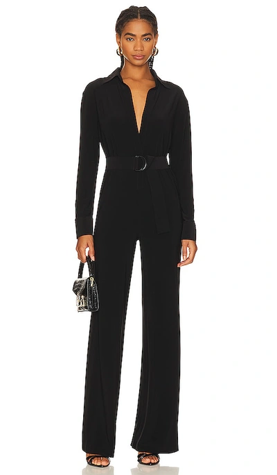 Shop Norma Kamali Shirt Straight Leg Jumpsuit With Collar Stand In Black