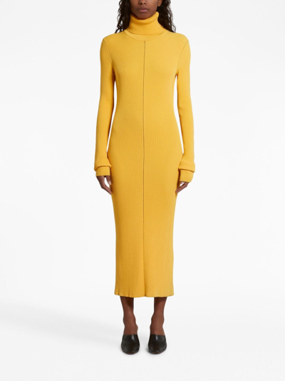 Shop Marni Roll-neck Ribbed Midi Dress In Yellow