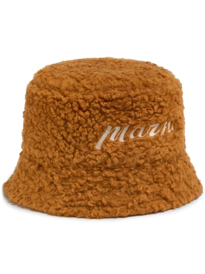 Shop Marni Logo-embroidered Bucket Hat In Brown