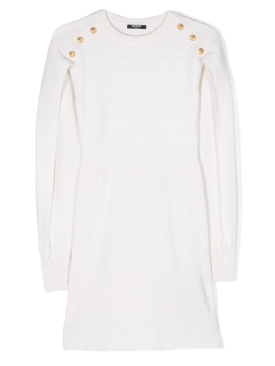 Shop Balmain Ribbed-knit Buttoned Dress In Neutrals