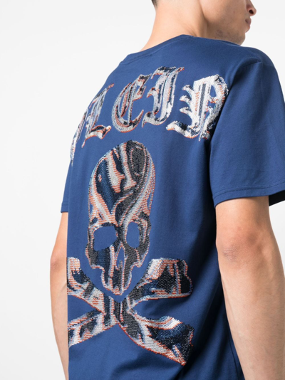 Shop Philipp Plein Skull&bones Sequin-embellished T-shirt In Blue